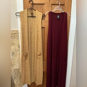 2 Sleeveless Long Duster Cardigans - Mustard and Burgundy Agnes and Dora M/L